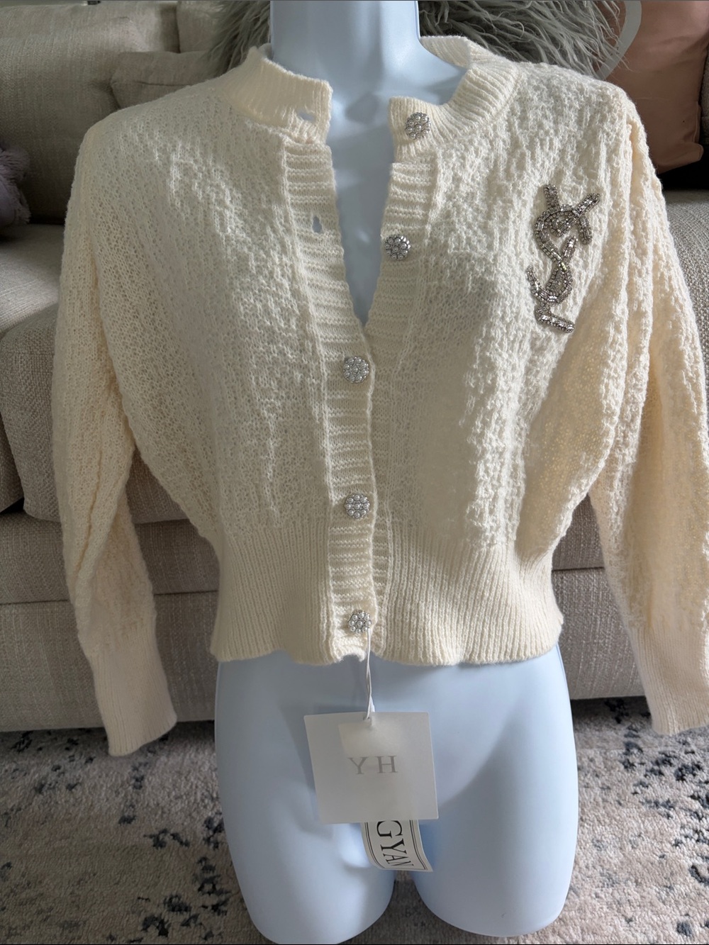 YH Cream Textured Knit Cardigan with Embellished Logo